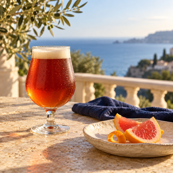 Illustrative craft beer scene with citrus in a coastal setting