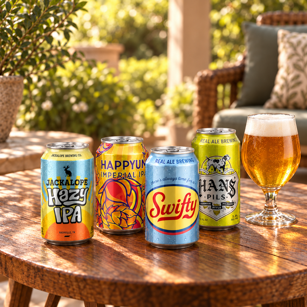 Illustrative craft beer cans and a glass of golden beer on a sunlit patio table