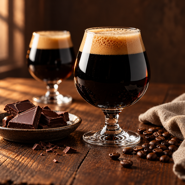 Illustrative dark beer pairing scene with chocolate and coffee