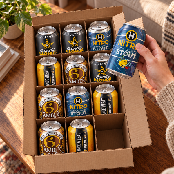 Illustrative craft beer unboxing with an assortment of labeled beer cans