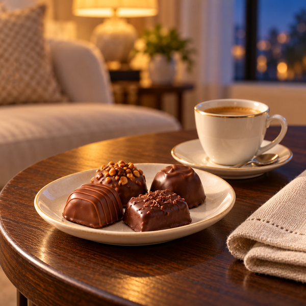 Illustrative evening serving scene with chocolate confections and a warm drink