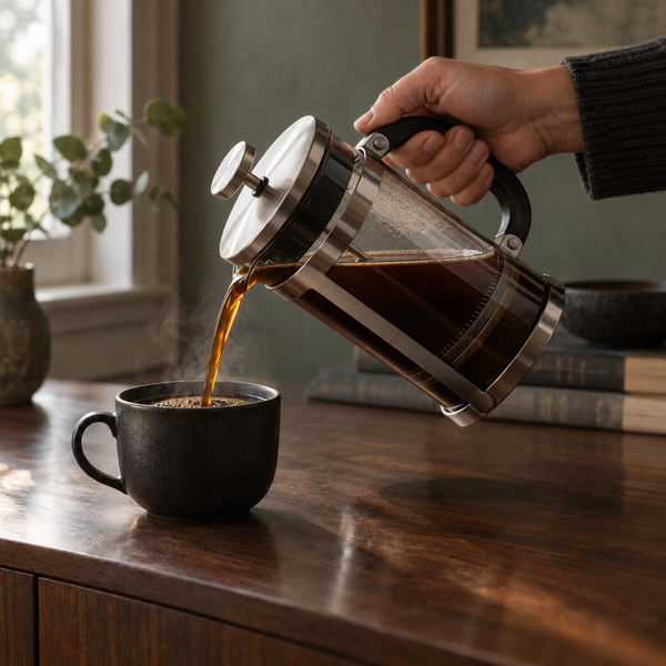 Illustrative French press coffee serving scene