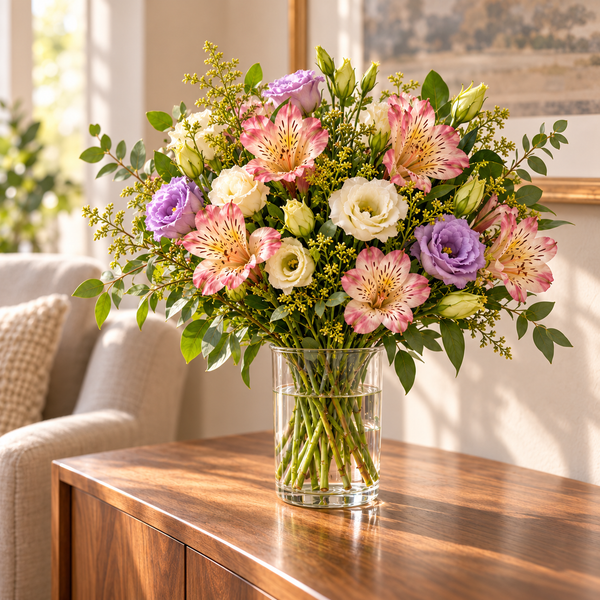 Illustrative mixed flower bouquet in a clear vase on a sunlit table at home