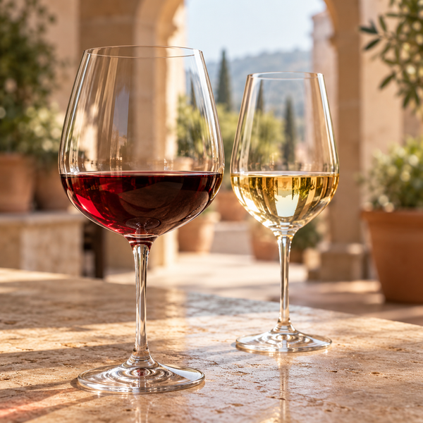 Red and white wine tasting scene; illustrative serving suggestion