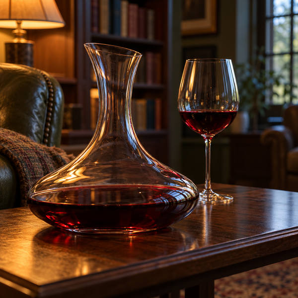 Red wine and a decanter in a library setting; serving suggestion