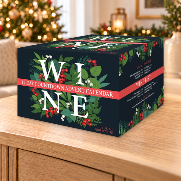 Holiday Christmas Bouquet Wine Advent Calendar - 12 Mini Bottles - 187 ml in a warm holiday setting