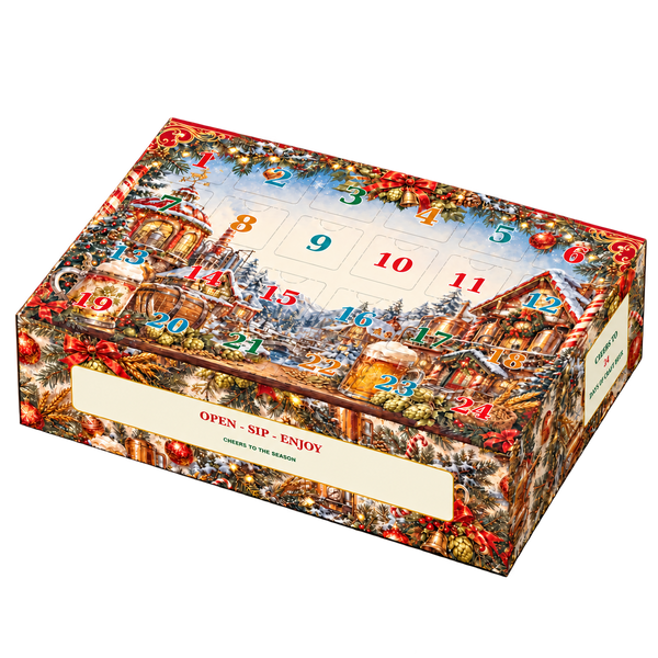 Craft beer advent calendar with festive winter artwork and 24 numbered doors