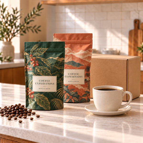 Two illustrated coffee bags with a cup of coffee on a sunlit kitchen counter