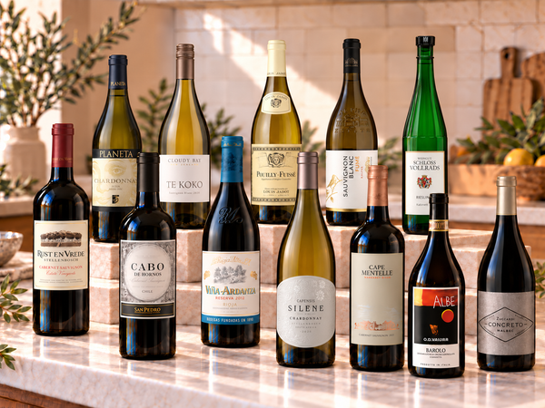 Illustrative twelve distinct international wines, six red and six white, on marble; actual selections vary