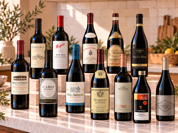 Illustrative twelve distinct international red wines on marble; actual selections vary