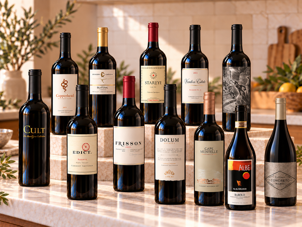 Illustrative 12 distinct red wines arranged on marble; actual selections vary
