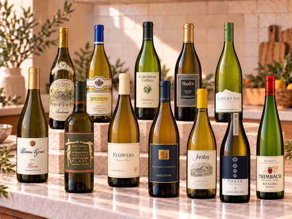 Illustrative twelve distinct white wines on marble; actual selections vary