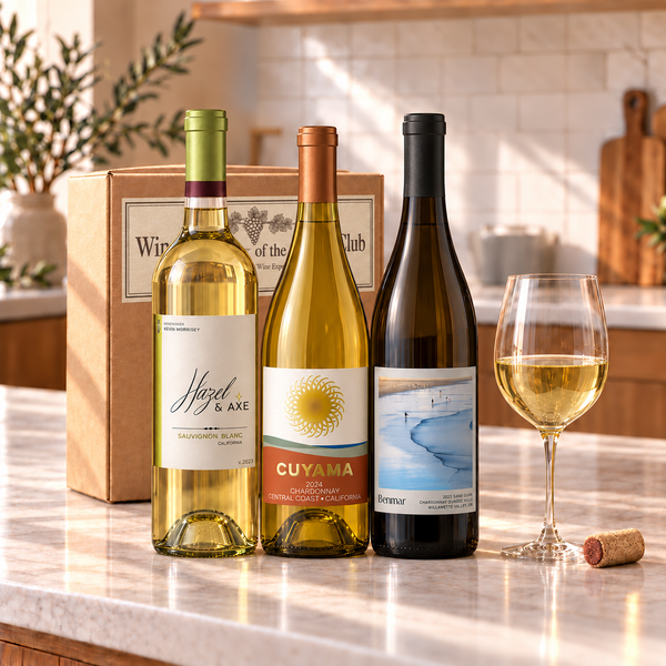 Illustrative 3-bottle white wine selection on marble with Wine of the Month Club branded shipping box behind the bottles