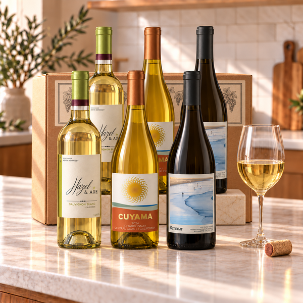 Illustrative 6-bottle white wine selection on marble with Wine of the Month Club branded shipping box behind the bottles