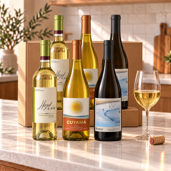 Illustrative 6-bottle white wine selection on a kitchen counter