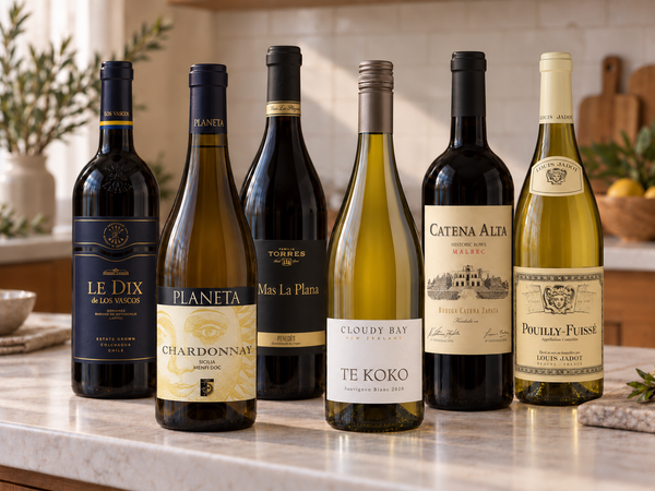 Illustrative international 6 mixed wine gift box selection on a marble counter