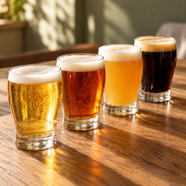 Illustrative tasting flight of four craft beers in glasses with varied colors