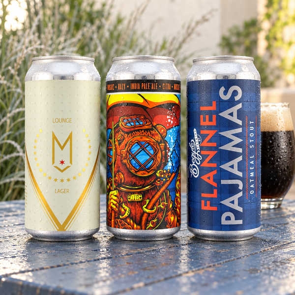 Lager, hazy IPA and oatmeal stout cans on a blue garden table; illustrative selection