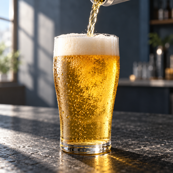 Golden craft beer being poured into a clear pint glass