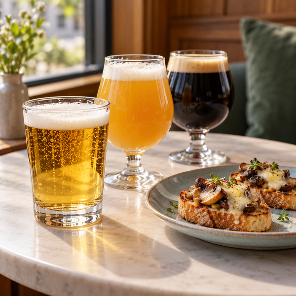 Golden lager, hazy IPA and dark stout with mushroom crostini as a serving suggestion
