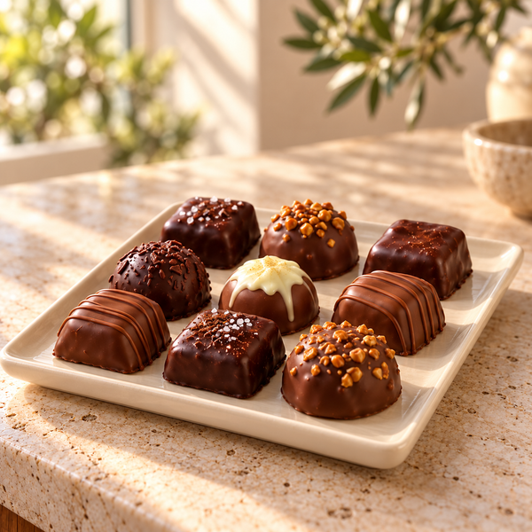 Illustrative assortment of chocolate confections arranged on a white serving platter
