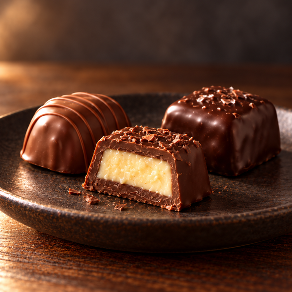 Illustrative close-up of chocolate confections, including one cut open to show its light-colored center