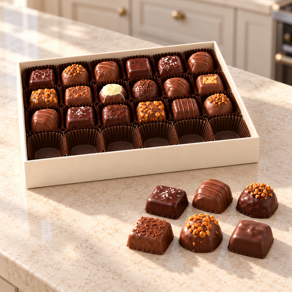 Illustrative open Chocolate of the Month Club box on a countertop with six chocolates set beside it