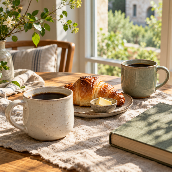 Illustrative morning coffee serving scene with two cups and a croissant at a sunlit table