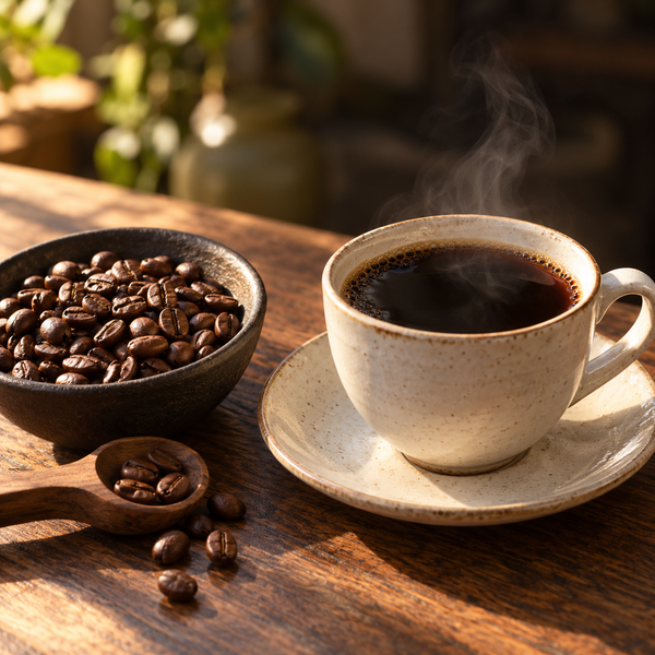 Illustrative close-up of roasted coffee beans beside a steaming cup of black coffee