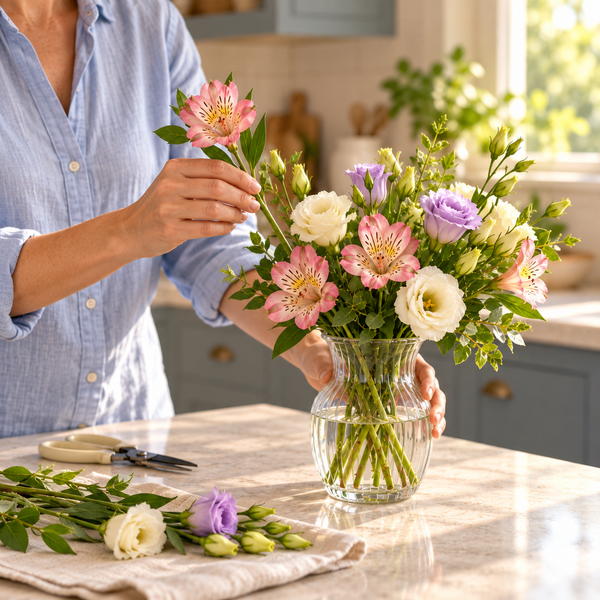 Illustrative scene of arranging a mixed flower bouquet in a clear vase at home