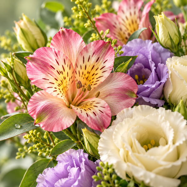 Illustrative close-up of pink, purple and cream flower petals with greenery