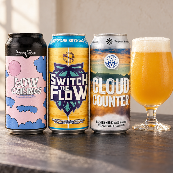 Illustrative selection of hazy IPA cans with poured beer