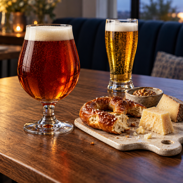 Copper and golden beers with pretzel, cheese and mustard as a serving suggestion