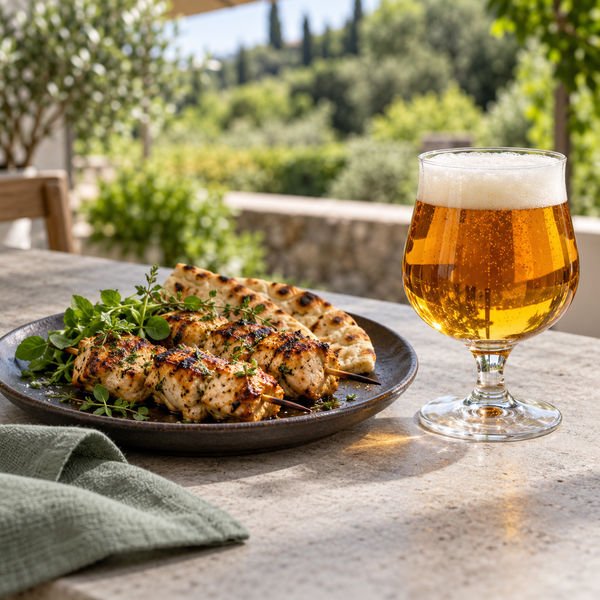Illustrative craft IPA serving scene with food-pairing props