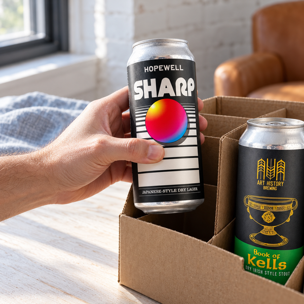 Illustrative close-up of a hand discovering craft beer in a divider carton