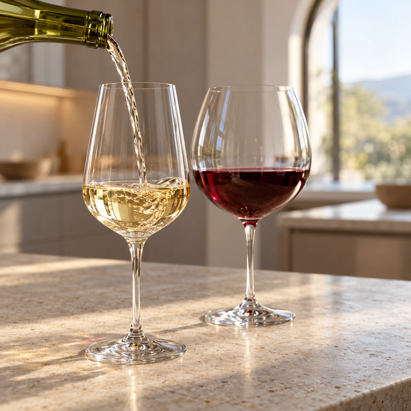 White wine being poured beside a glass of red wine