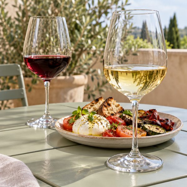Red and white wines with food on a terrace; serving suggestion