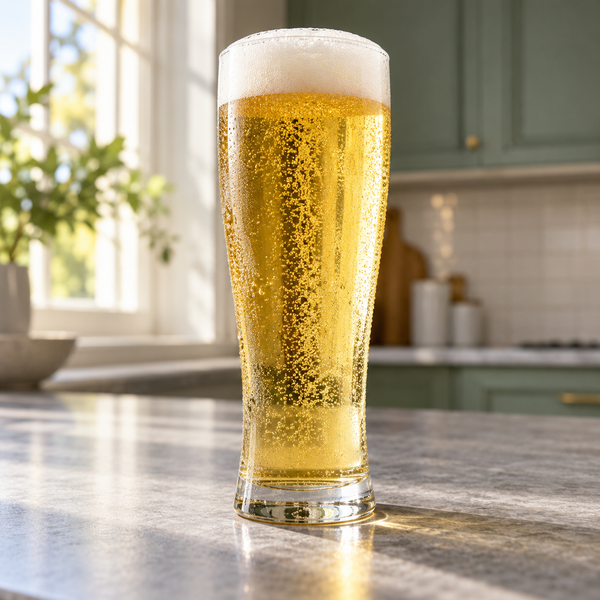 Clear golden pilsner with white foam in a tall glass on a sunlit kitchen counter