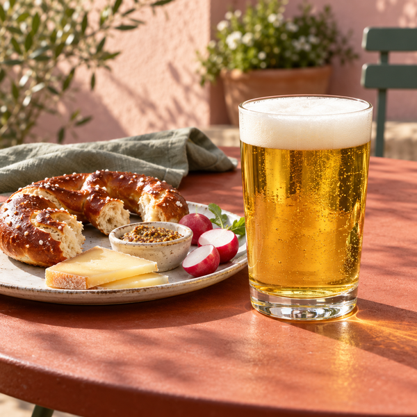 Golden lager with pretzel, mustard and cheese as a serving suggestion