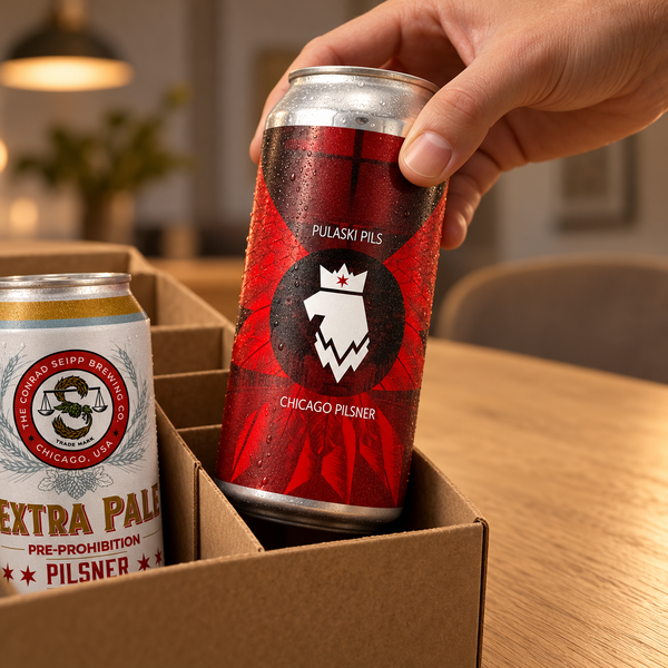 Illustrative close-up of a hand lifting a craft pilsner can from a divider carton