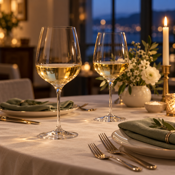 White wine glasses on a table set for a special occasion