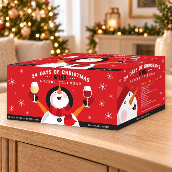 Red Joyful Snowman Wine Advent Calendar - 24 Mini Bottles - 187 ml in a warm holiday setting