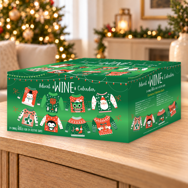 Green Holiday Sweater Wine Advent Calendar - 24 Mini Bottles - 187 ml in a warm holiday setting