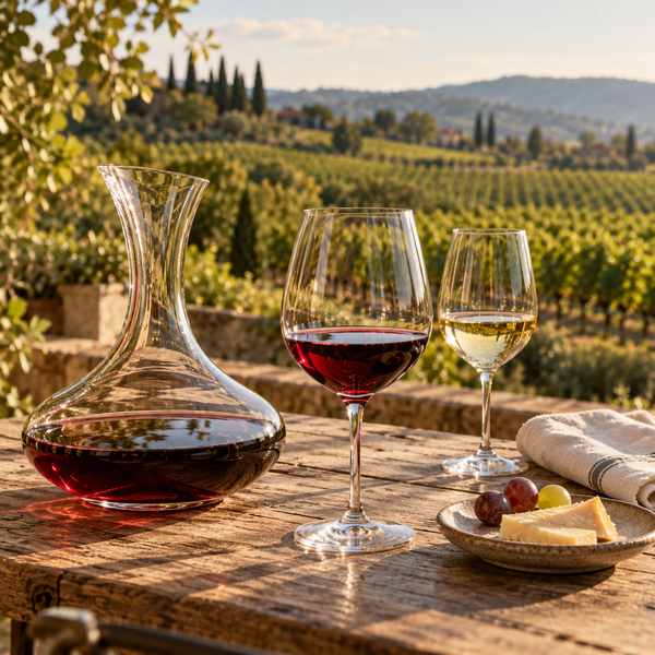 Illustrative wine serving scene on a table overlooking a vineyard