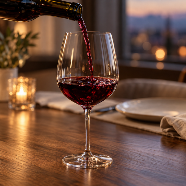 Illustrative red wine being poured into a stemmed glass at an evening dining table