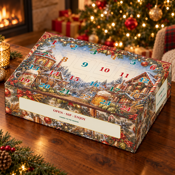 Craft beer advent calendar beside a Christmas tree and fireplace