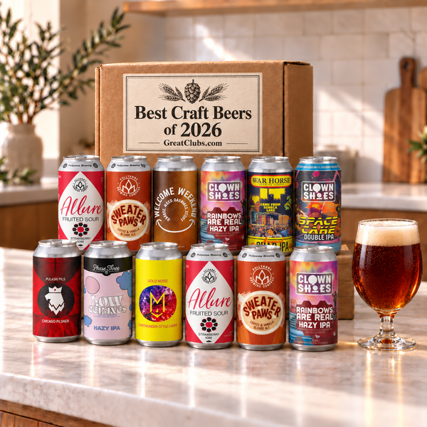 Best Craft Beers of 2026 Variety Gift Box with twelve beers and a poured beer; illustrative selection.