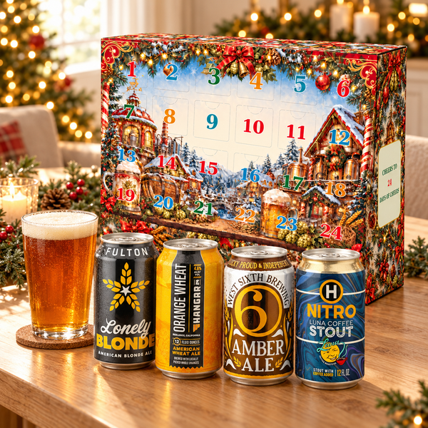 Craft beer advent calendar with 24 numbered doors, four craft beer cans and a glass of beer in a festive holiday setting