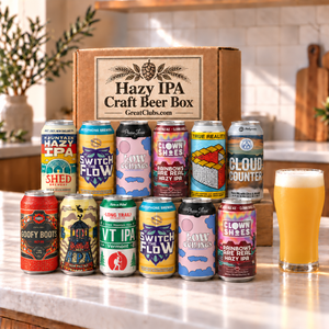 Hazy IPA Craft Beer Variety Gift Box with twelve beers and a poured beer; illustrative selection.