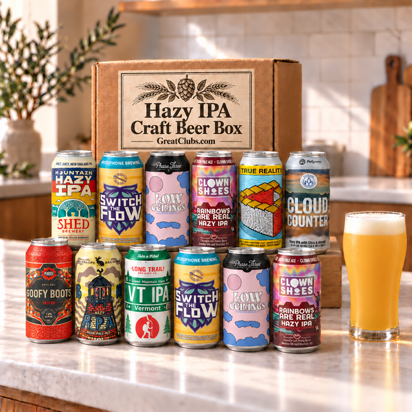 Hazy IPA Craft Beer Variety Gift Box with twelve beers and a poured beer; illustrative selection.